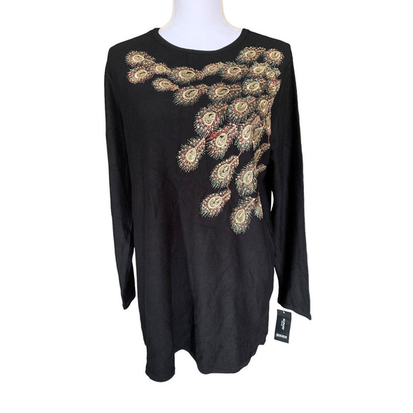 Alfani Womens Sweater Top Sz Petite XL Black Embroidered Peacock Feathers New - Picture 1 of 11